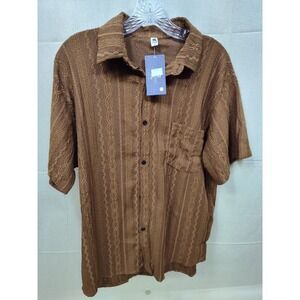 Unbranded Brown Textured Cable Knit Short Sleeve Button Down Shirt Mens XL New